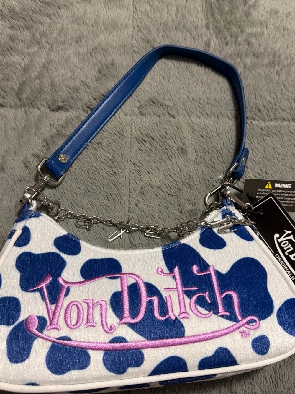 Von Dutch Blue & White Cow-Spot Shoulder Bag with Pink Script
